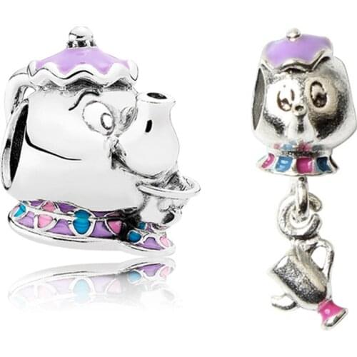 Disny Traditions Mrs. Potts Smile Teapot Fit Original Pan Charms Bracelet Cartoon Purple Enamel Beads for Jewelry Making DIY