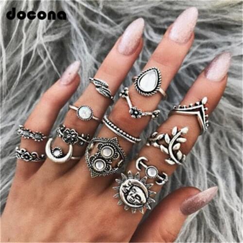 Docona 14pc/set Boho Vintage Silver Color Rhinestone Sun Flower Carving Knuckle Midi Rings for Women Finger Jewelry Brincos 6226