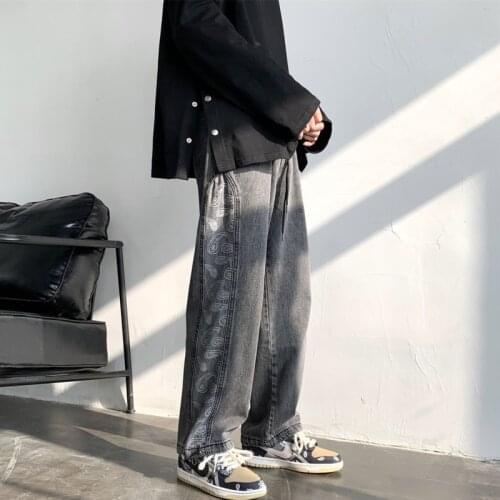 Winter new jeans mens casual loose straight wide-leg jeans men retro Korean trousers printing denim pants mens
