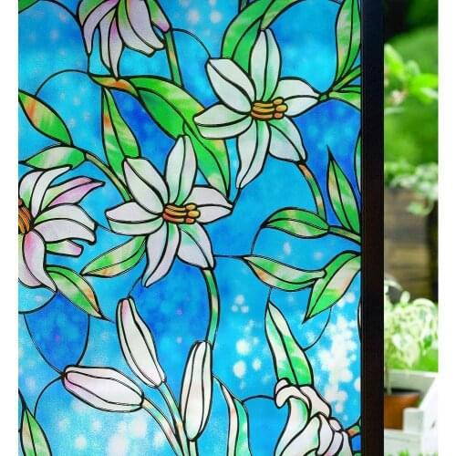 Lily Pattern Stained Window Film Static Cling Opaque Multiple Size Home Decoration Privacy Protection For Living Room Bedroom