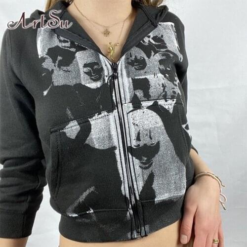 ArtSu Zip Up Hoodie Sweatshirt Y2K Clothes Gothic Winter Vintage Long Sleeve Top Women Streetwear Harajuku Black Hooded Hoodies