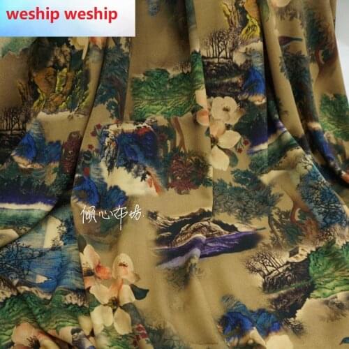Chinese Classics Landscape flower Satin silk fabric Satin de soie Satén шелк hanfu cloth DIY patchworkbag