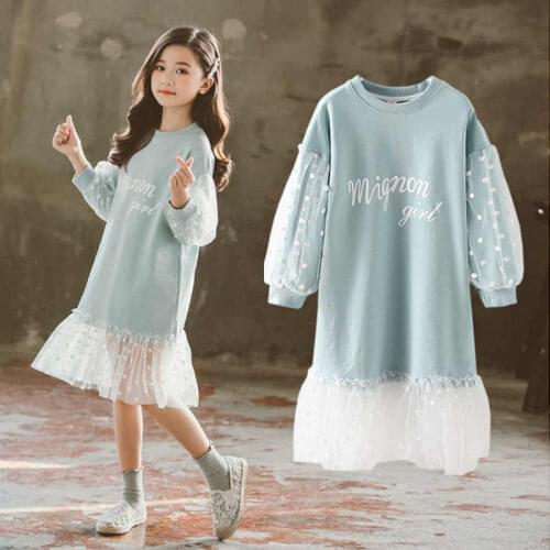 Fashion White Lace Children Girls Dresses Long Sleeve Clothes Spring Autumn Teenage Clothing Baby Dress Sweatshirt dresses