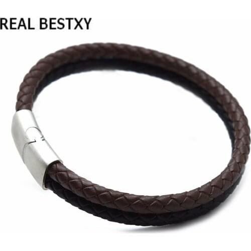 REAL BESTXY 5mm Fashion Black Brown Real Leather Men Bracelet With stainless steel Clasps New Fashion Jewelry for women men