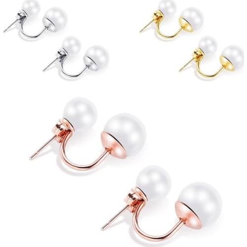 Stainless Steel Gold Minimalism Double Pearl Stud Earrings Jewelry Women Gift For Him