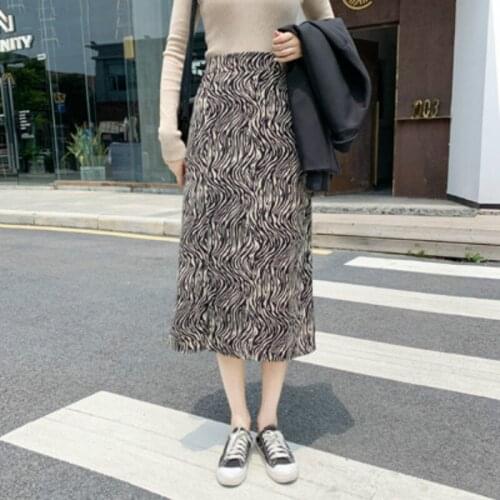 Autumn Winter Zebra Leopard-print Woolen Womens Striped Long High Waist Vintage Skirt Slimming Split Hip-covered Skirts Womens