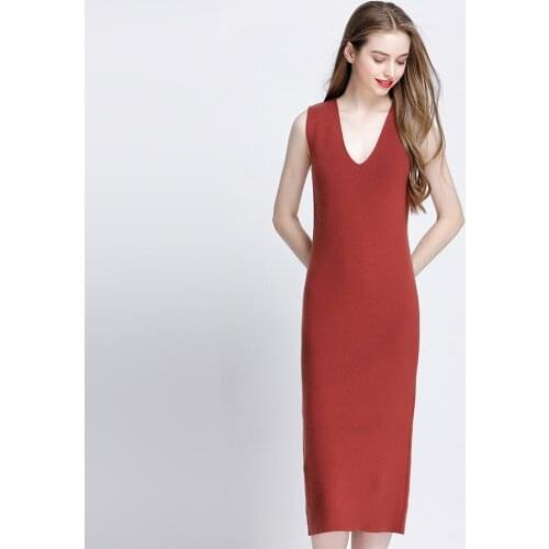 Women Woolen Long Sweater Dress Sleeveless Waistcoat Fashion Elegant Office Dresses Sexy Party Bodycon Femme V-Neck Dress