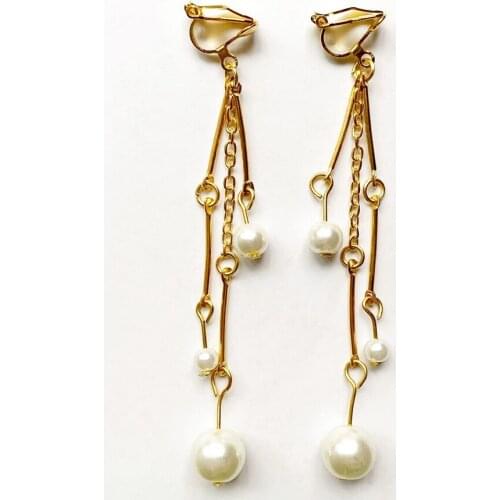 Handmade Ear Clips Earrings Pearl Imitation Gold-color Chain Double Connector Jewelry Earrings Plastic Pearls Beads Wholesale