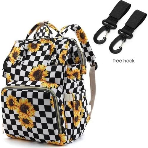 Sunflower Print Diaper Bag With Hook White Black Plaid Style Mothers Nappy Bag Tie Dye Shoulder Backpack Travel Diaper Stroller