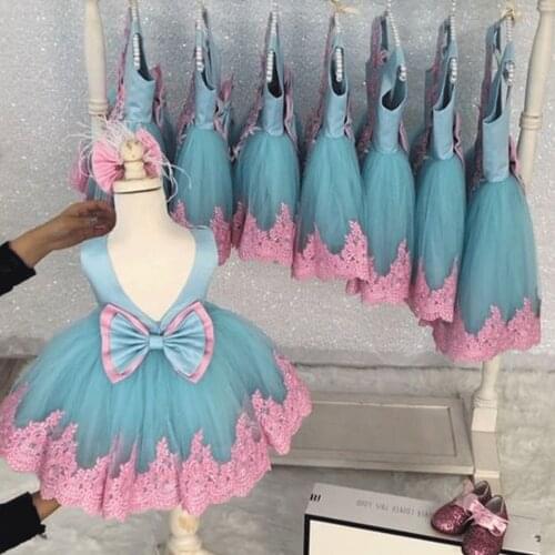 SuperKimJo Cute Flower Girl Dresses for Weddings Lace Applique Blue Cheap Kids Prom Gown Primera Comunion