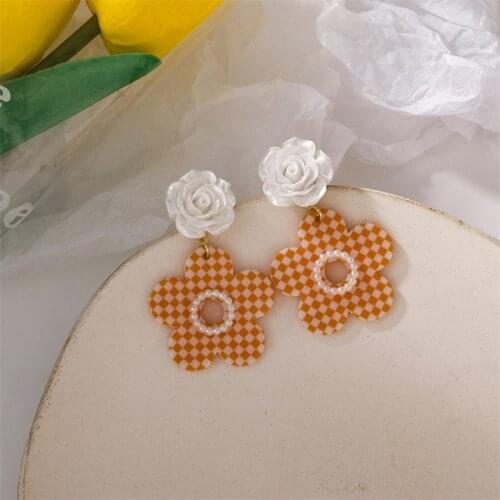 Retro Summer Candy Color Flower Ear Stud Female French Pearl Rose Yellow Plaid Flower Earrings