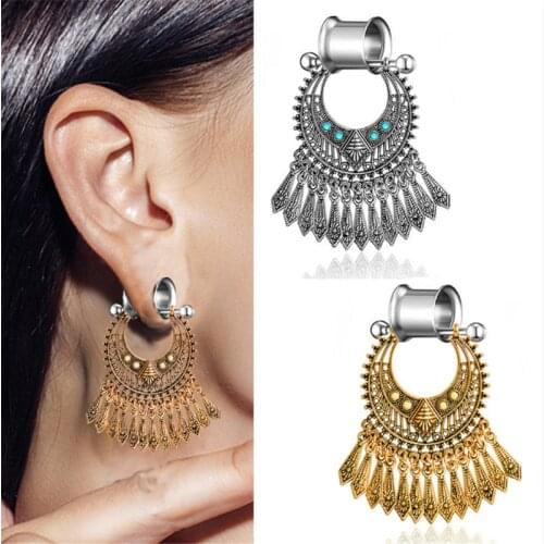2PCS Stainless Steel Bohemia Tassel Natural stone Ear Plugs And Tunnels Flesh Expansions Piercing Ear Tunnel Gauges Body Jewelry
