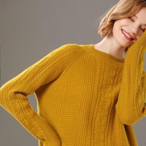 Womens pullover 2021 winter new pure color 100% wool casual loose round neck cashmere sweater oversized womens knitted top