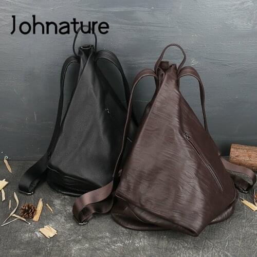 Johnature 2020 New Retro Genuine Leather Backpack Leisure Large Capacity Women Bag First Layer Cowhide Solid Color Travel Bags