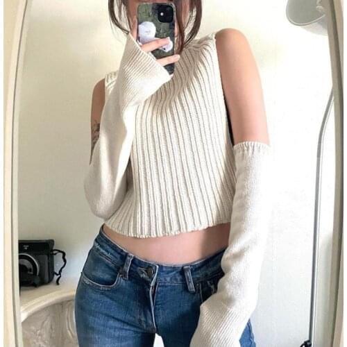 Turtleneck Knitted Sweater Vest with Long Sleeve Women Solid Rib Knit Pullover 2021 Female Fashion Clothing Top AM3190