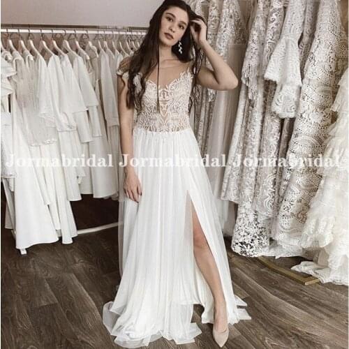 Illusion Nude Tulle Applique Wedding Dress With Front Slit Chiffon Skirt 2021 Cap Sleeve Beach Bride Gowns For Summer Wedding
