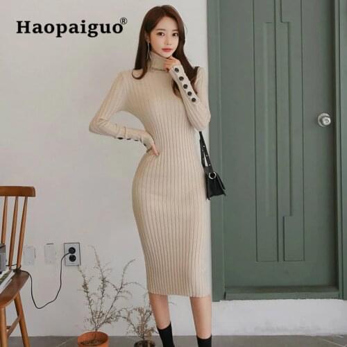 2019 Winter Spring Knitted Sweater Dress Women Turtleneck Wrap Dresses Women Long Sleeve Basic Wear Button Sheath Korean Dress