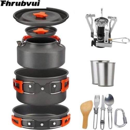 1Set Outdoor Pots Pans Camping Cookware Picnic Cooking Set Non-Stick Tableware with Stove Spoon Fork Knife Kettle for 2-3 Person