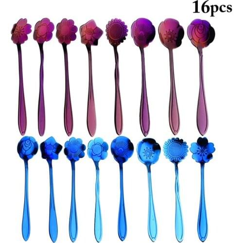 16Pcs Fashion Creative Coffee Spoon With Flower Pattern Stainless Steel Coffee Sugar Stirring Spoon Ice Cream Dessert Scoop Tool