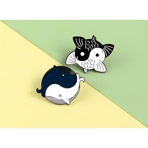 Chinese Taoist yin and yang philosophy Pins Carp Whale Enamel Metal Pins Brooches Badges Lapel Clothes Pins Women Jewelry Gifts