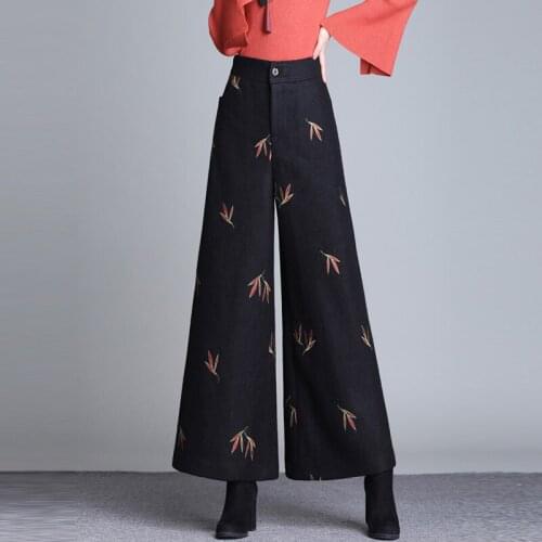 Korean Winter Fall Womens Wide Leg High Waisted Embroidery Red Wool Pants , Autumn Woman Black Floral Woolen Trousers