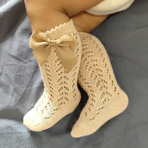 0-9 Years Old Children Girls Big Bow Knee-high Long Stockings Hollow Bow Baby Mesh Socks Breathable Socks High Stockings Girls