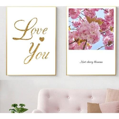 Cheery Blossom Flower Golden Text Quotes Wall Art Canvas Painting Nordic Posters And Prints Wall Pictures For Living Room Decor