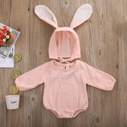 Pudcoco Autumn Newborn Baby Girl Clothes Solid Color Long Sleeve Romper Tops Rabbit Ear Hat 2Pcs Outfits Cotton Clothes