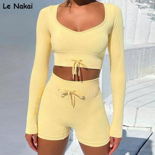 Two piece set women clothing ribbed seamless leggings set yoga shorts sets summer workout clothes gym set long sleeve crop top