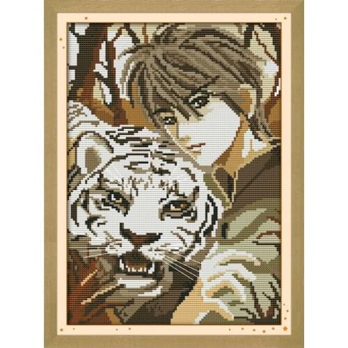 Pretty boy and tiger cross stitch kit people 18ct 14ct 11ct count print canvas stitches embroidery DIY handmade needlework