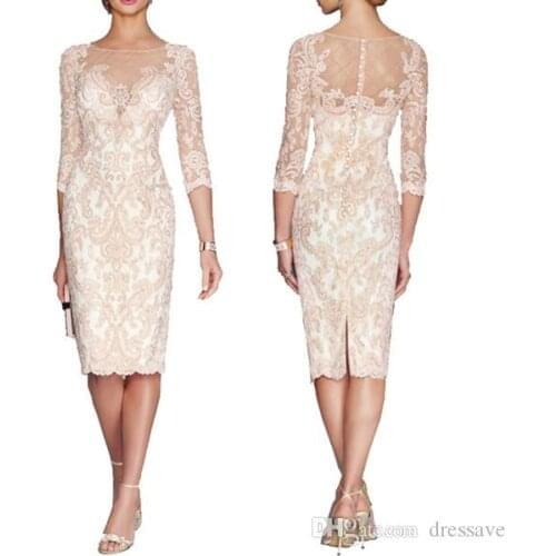 Sheath Lace Mother Of The Bride Groom Dresses Plus Size Formal 3/4 Sleeve Knee Length Sheer Neck Applique Wedding Party Dresses