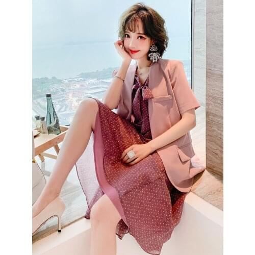 Top Quality One button suit coat+Two piece dress with bow tie and fashionable print for women in summer