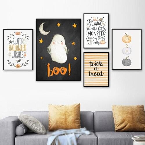 Halloween Cute Cartoon Ghost Pumpkin Wall Art Poster Print Skull Quote Sign Canvas Painting Picture Kids Living Room Home Decor