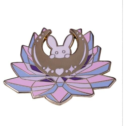 Cute Moon Bunny Pin Badge With Pastel Crystal Magic