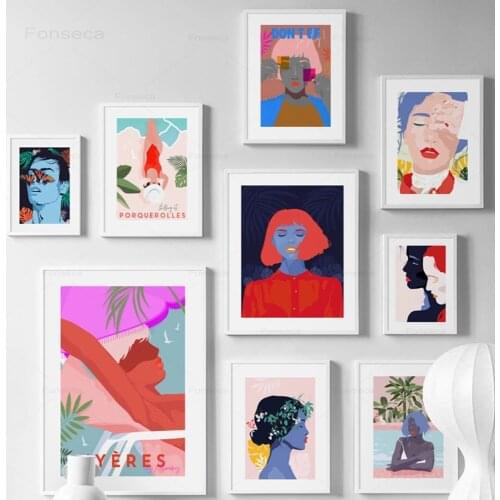 Minimalism Figure Beach Leaf Plant Nordic Poster Vacation Wall Art Canvas Painting Modern Wall Pictures for Living Room Unframed