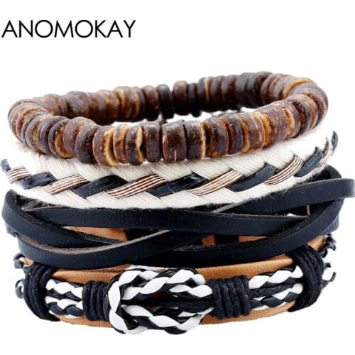 Wood Bead Multilayer Leather Vintage Bracelet for Men Braided Rope Wrap Bracelets Bangles Set Pulseira Masculina Jewelry Gift