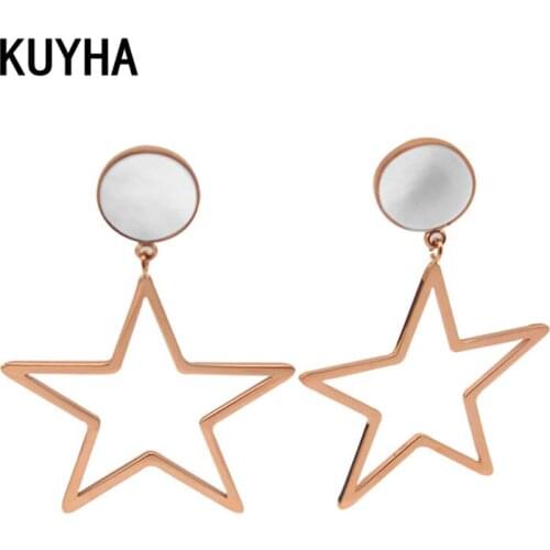 Fashion Womens Earrings Pentagram Geometric Shape Round Mother of Pearl Shell Rose Gold Color Stud Earrings Party