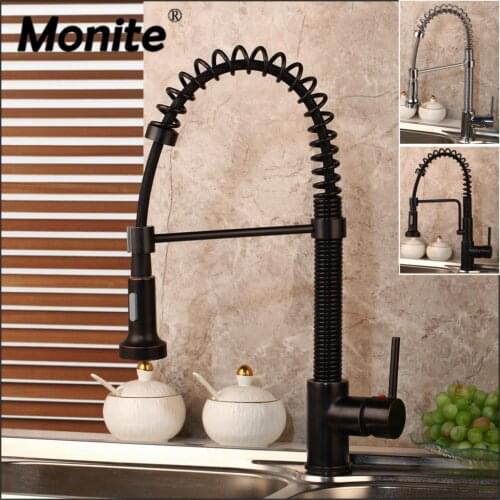 Monite Black ORB Swivel Spout Spring Spray Solid Brass Chrome Polish Pull Out Kitchen Faucet Deck Mount Water Kitchen Mixer Tap