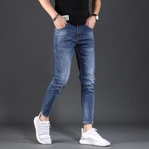 Men Stretch Blue Jeans Summer Thin Slim Fit Ankle-Length Pencil Pants Fashion Korean Style Pure Color Denim Trousers
