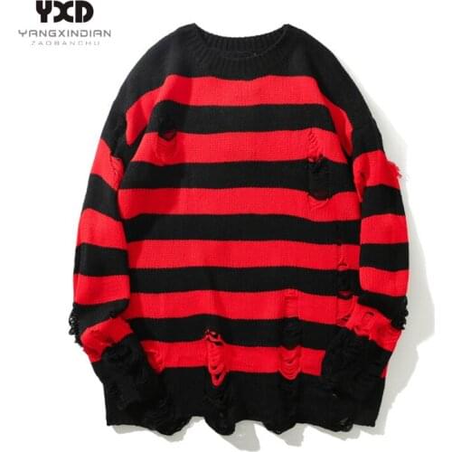 Men clothes Man Pullover Mens Loose Streetwear Mans Sweaters Jumper Man Autumn Winter Ripped Stripe Casual Hip Hop Long Sweaters
