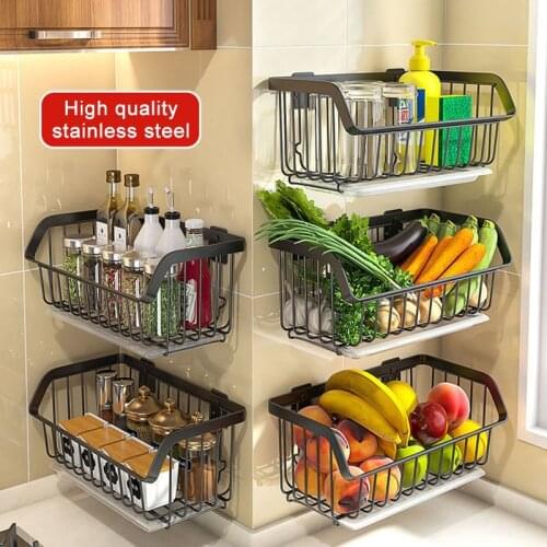 Wrought Iron Hanging Basket Wall-Mounted Fruit Vegetables Storage Basket Kitchen Bathroom Punch-Free Storage Rack Home Organizer