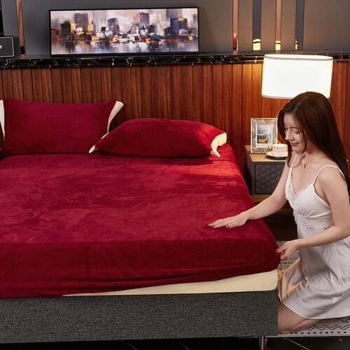 Soild Color Flannel Bed Sheets Winter Warm Plush Fitted Sheet Soft Mink Cashmere Bed Linen Mattress Cover Elastic Bedspread