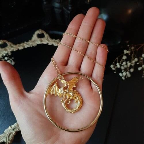 Gold Colour Gothic Wyvern Dragon Hoop Necklace Charm Fantasy Witchy Pagan Viking Alternative Goth Medieval Pendant Jewelry Gift