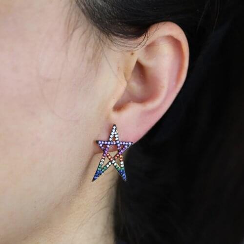 Promotion Gold Color Fashion Girl Women Jewelry Classic Geometric Star Shaped Rainbow CZ Summer Earring Fashion