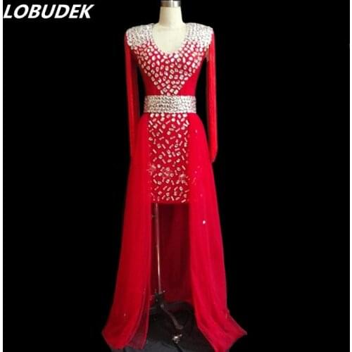 Sexy V-neck Diamond Long Tailing Dress Red Rhinestones Skinny Dress Crystals Costume Lady Singer Host Performance Stage Outfits