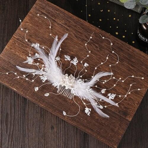 Silver Color Flower Wedding Hair Comb Feather Pearl Handmade Hair Accessories For Bride Girl Crystal Heapiece Headdress Headband