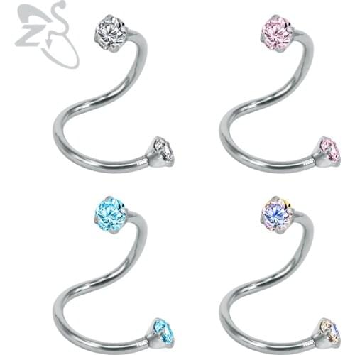 Surgical Steel Crystal Twisted Earrings Spiral Nose Lip Piercings Rings S Shape Helix Piercing Cartilage Earrings Body Jewelry