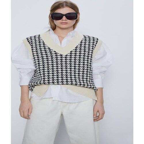 Houndstooth Knitted Sweater Vest Women V Neck Sleeveless Oversized Pullover Vintage Fall Winter Female Waistcoat Y2k Sweater