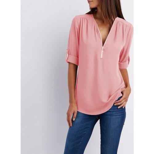Women Zipper V Neck Blouse Short Sleeve Sexy Solid Womens Tops Plus Size Chiffon Fabric Blouses Casual Shirts Tops Female #p5