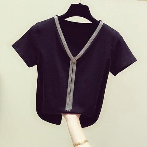2021 spring and summer new Korean fashion tassel chain splicing V-neck short sleeve T-shirt womens casual thin solid color top